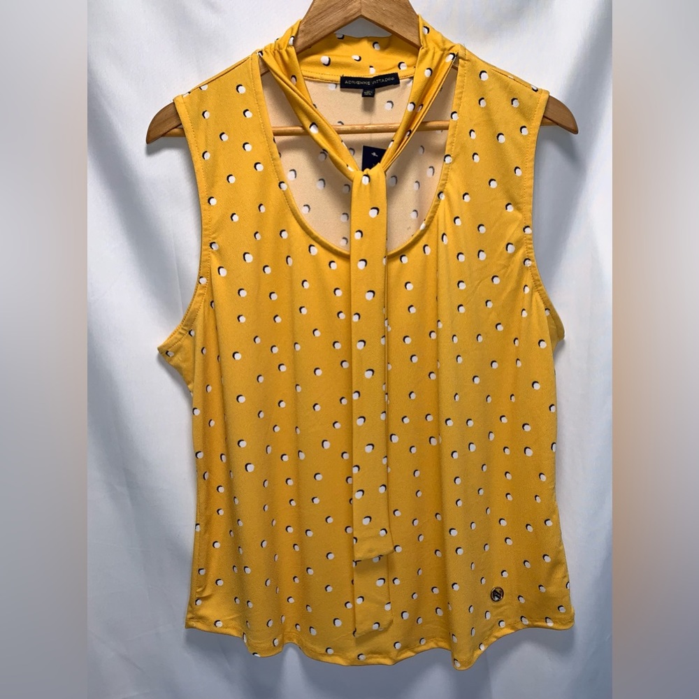 NWT Adrienne Vittadini Gold Yellow White & Black Polka Dots Tie Sleeveless Shirt